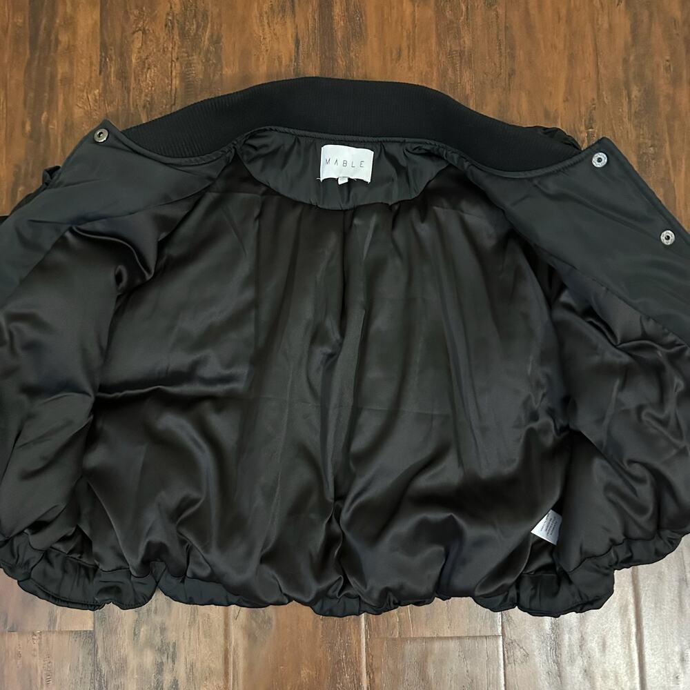 MABLE Bomber Jacket Black Lined Ruched Ruffled Cropped Relaxed Fit - Picture 7 of 11